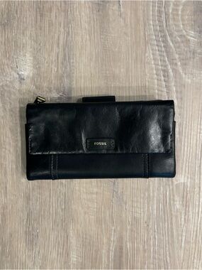 Fossil Ellis Black Leather Long Wallet Double Sided Folding Clutch Multifunction